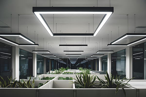 Sleek design details of modern square fluorescent lights in offi